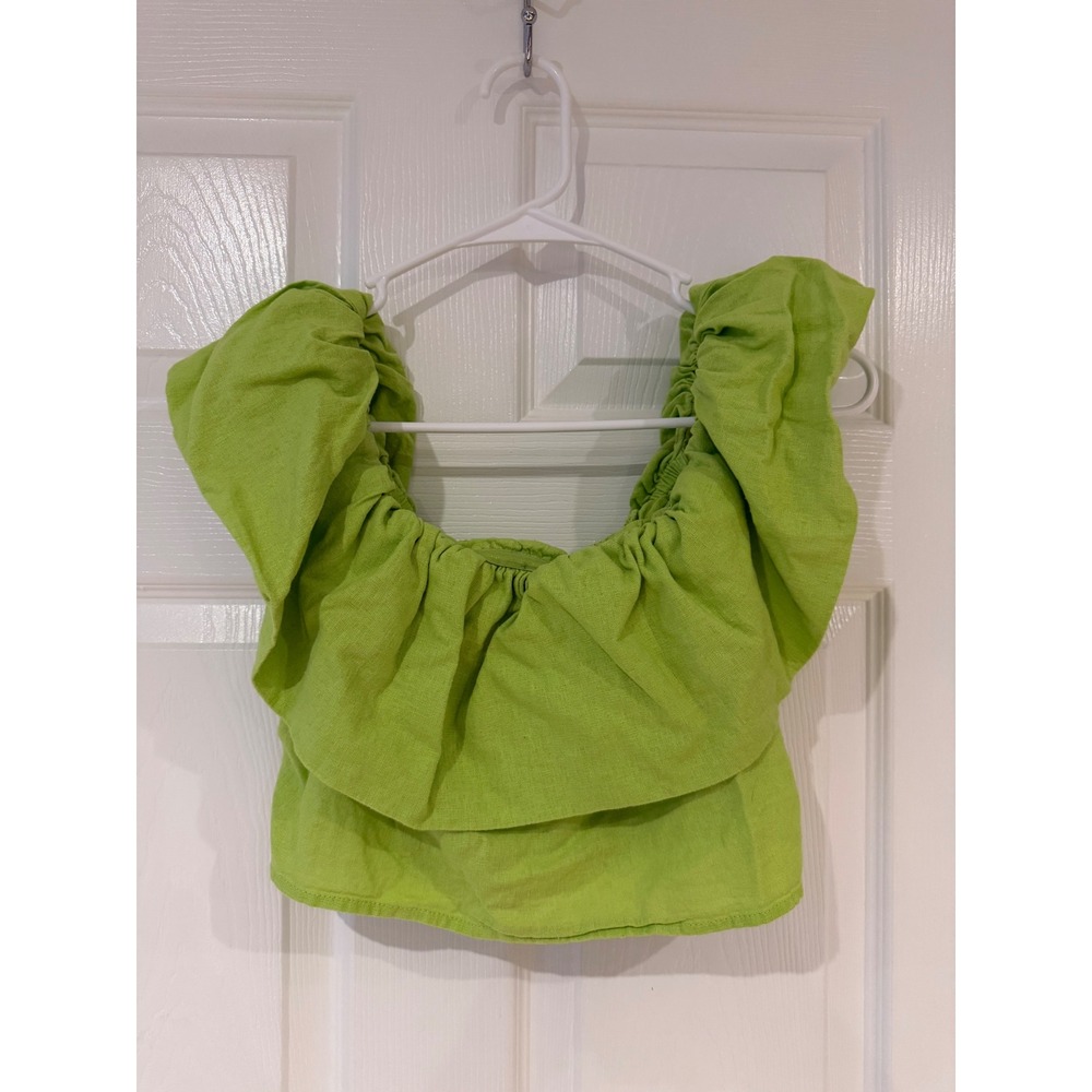 A New Day Green Linen Blend Ruffle Smocked Crop Top Small Vacation Tropical